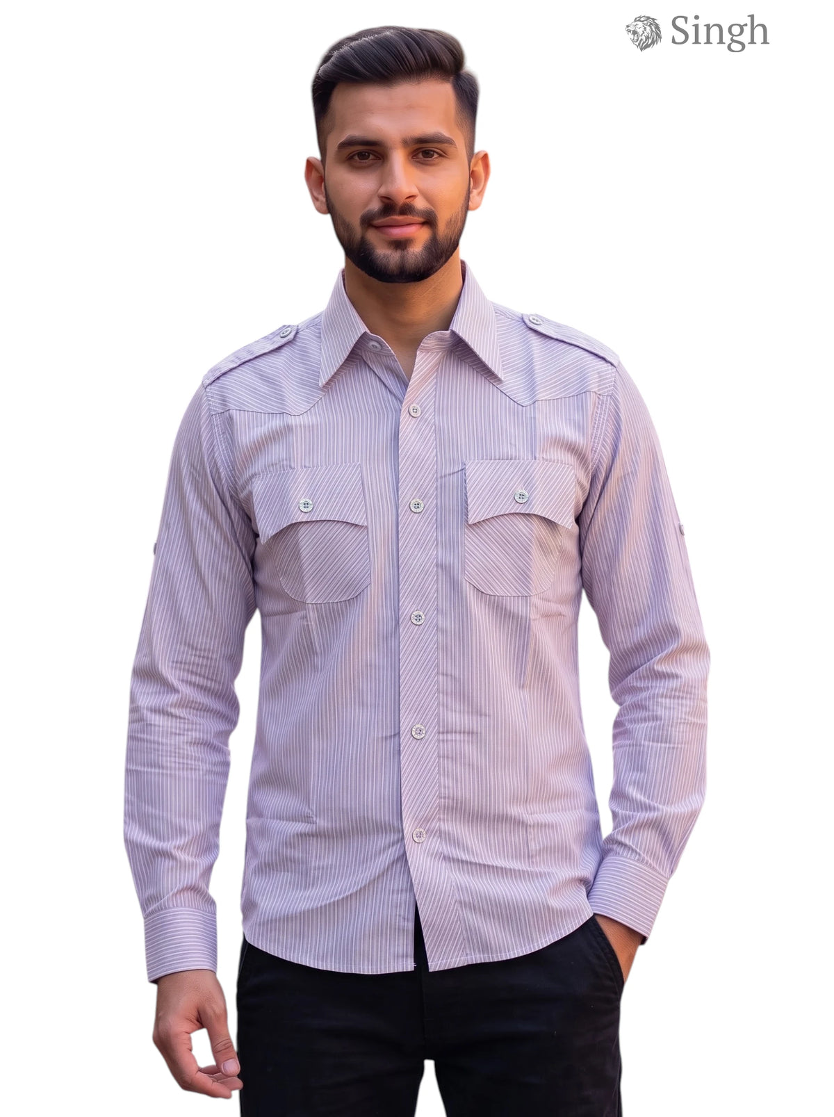M Hunting Shirts in striped light blue fabric, front view with two chest pockets, style HUNTING SHIRTS-1308-146