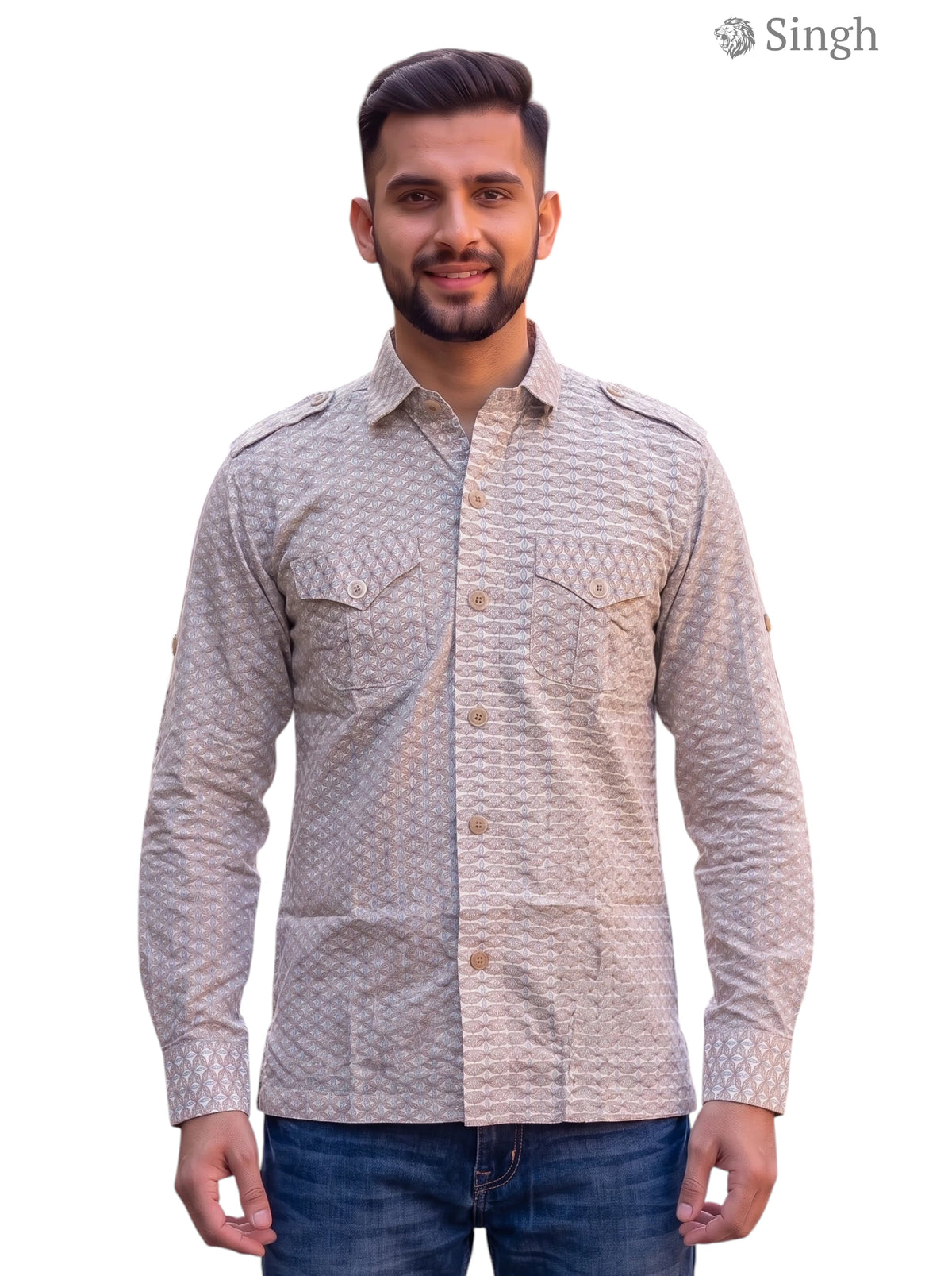 M Hunting Shirts in tan with cotton fabric, front view showcasing stylish design - HUNTING SHIRTS-1308-147