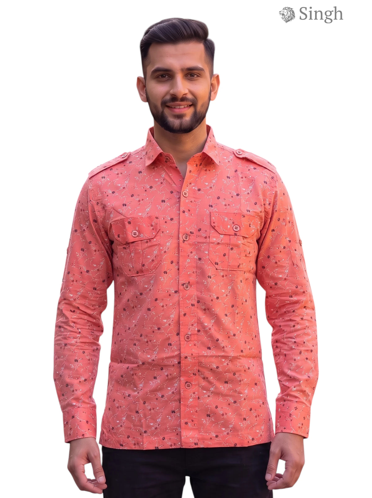 M Hunting Shirts-1308-148 in coral with a floral print, featuring a button-up design and chest pockets