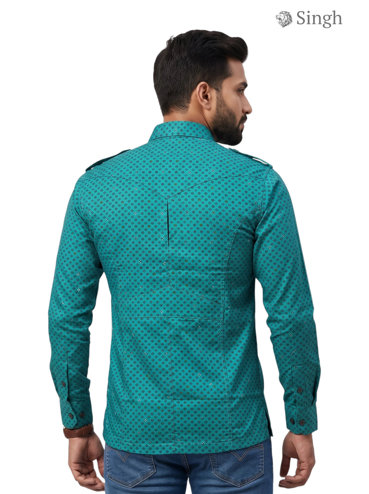 M Hunting Shirts-1308-153 in teal with polka dots, stylish back view in breathable fabric