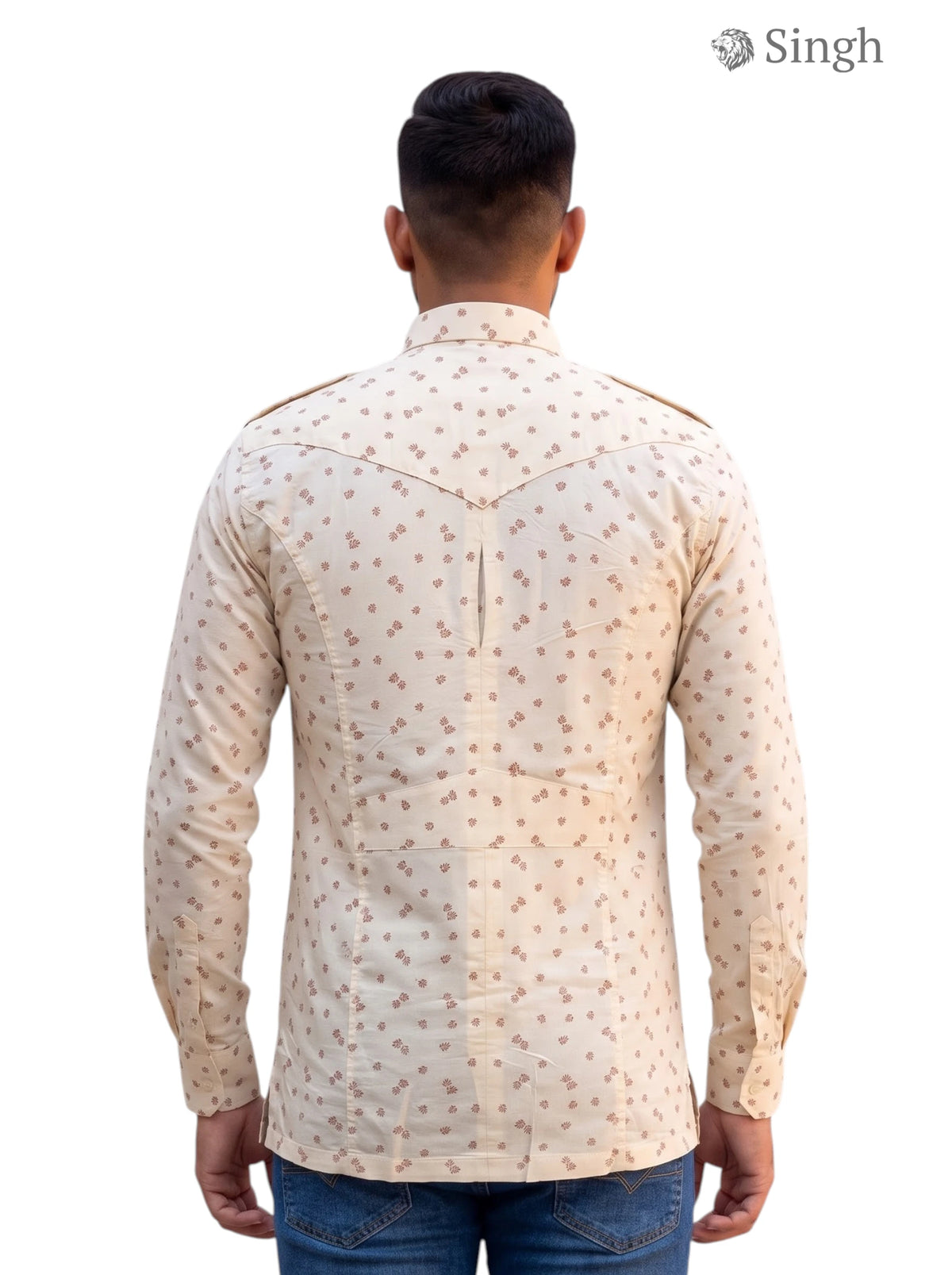 M Hunting Shirts in beige fabric with floral print, shown from the back, model wearing