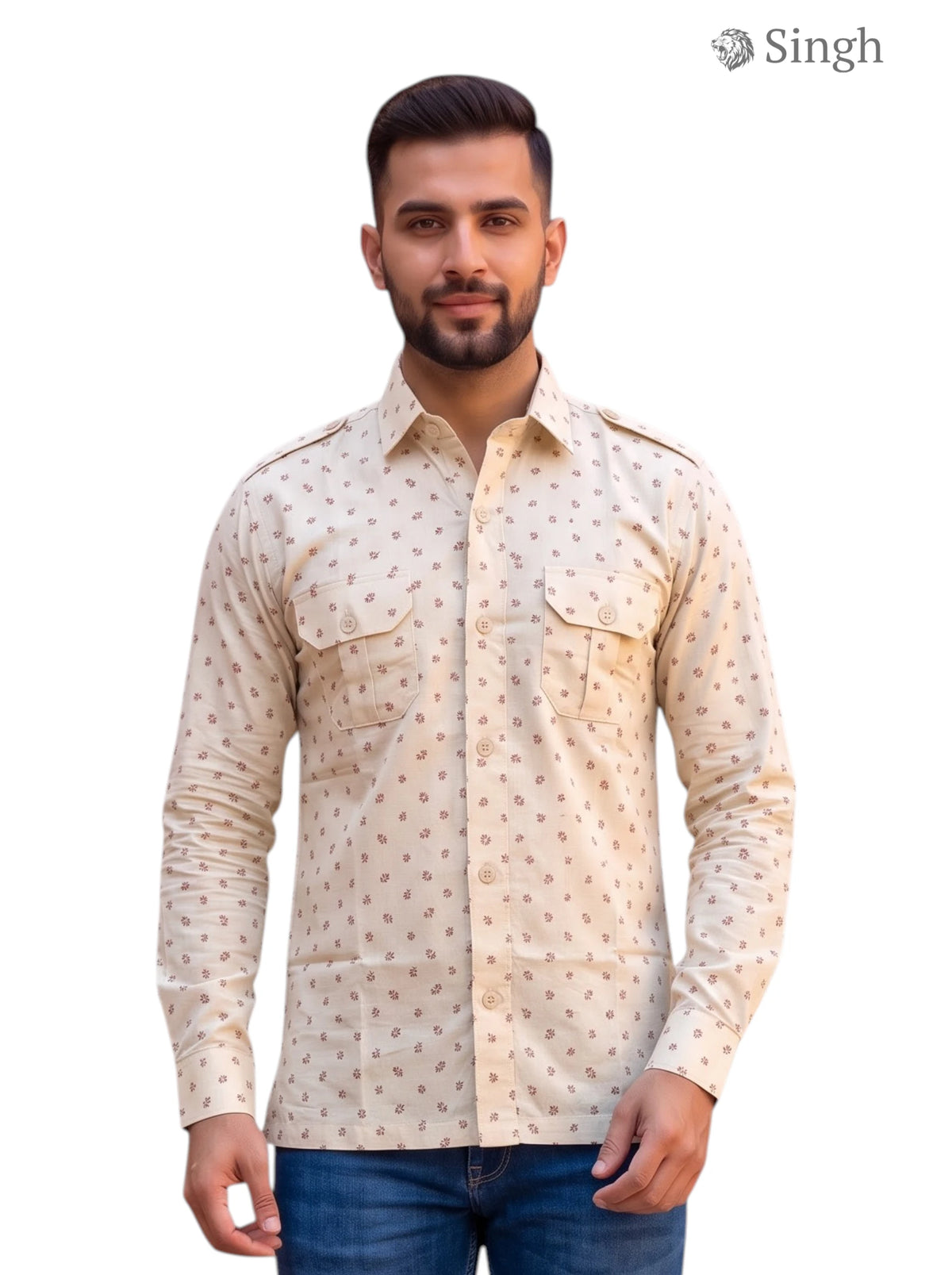 M Beige Hunting Shirt made of soft fabric, front view showing two chest pockets, HUNTING SHIRTS-1308-155