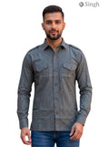 M Hunting Shirts in gray fabric with a front view featuring button-up design and chest pockets
