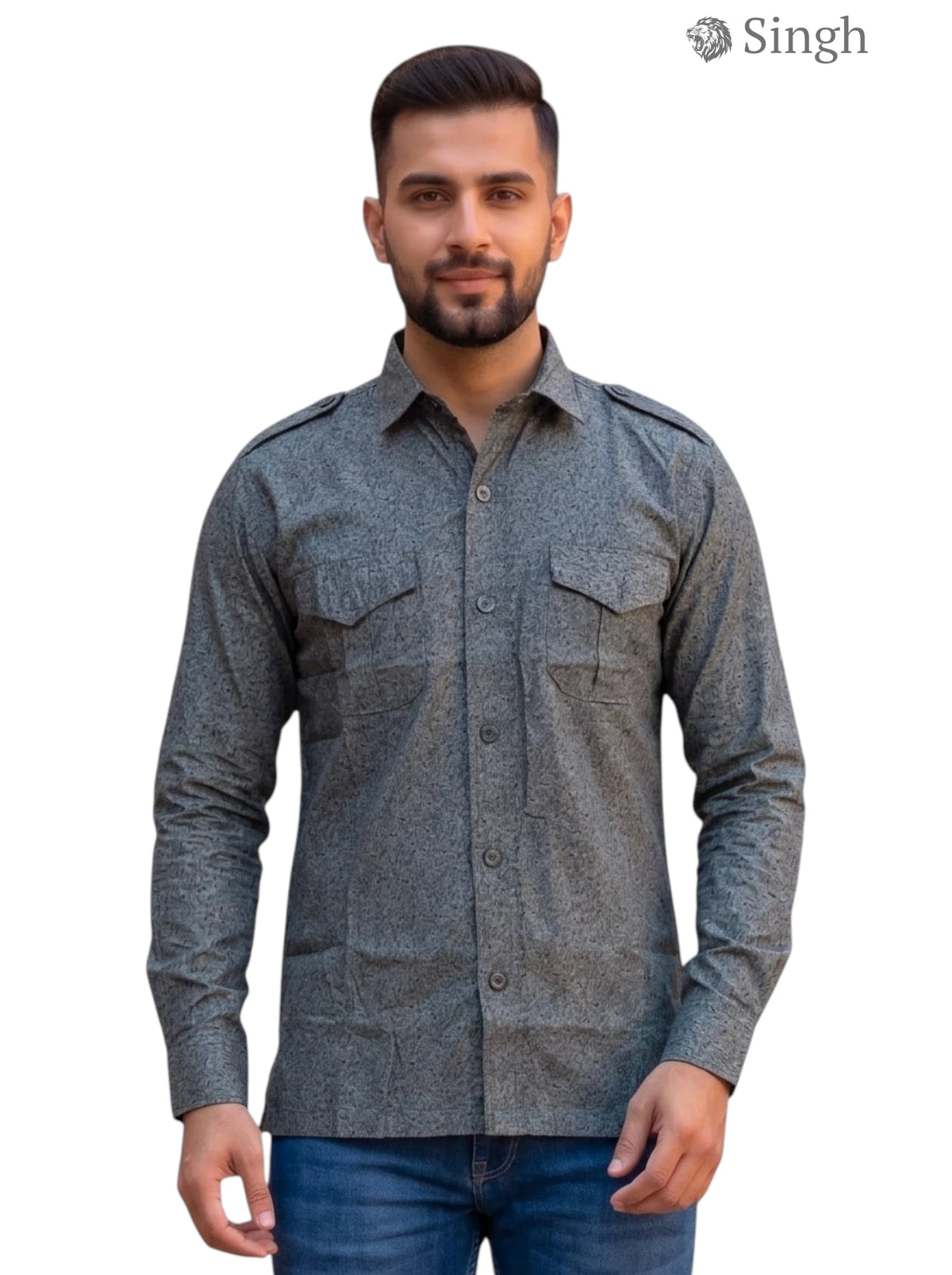 M Hunting Shirts in gray fabric with a front view featuring button-up design and chest pockets