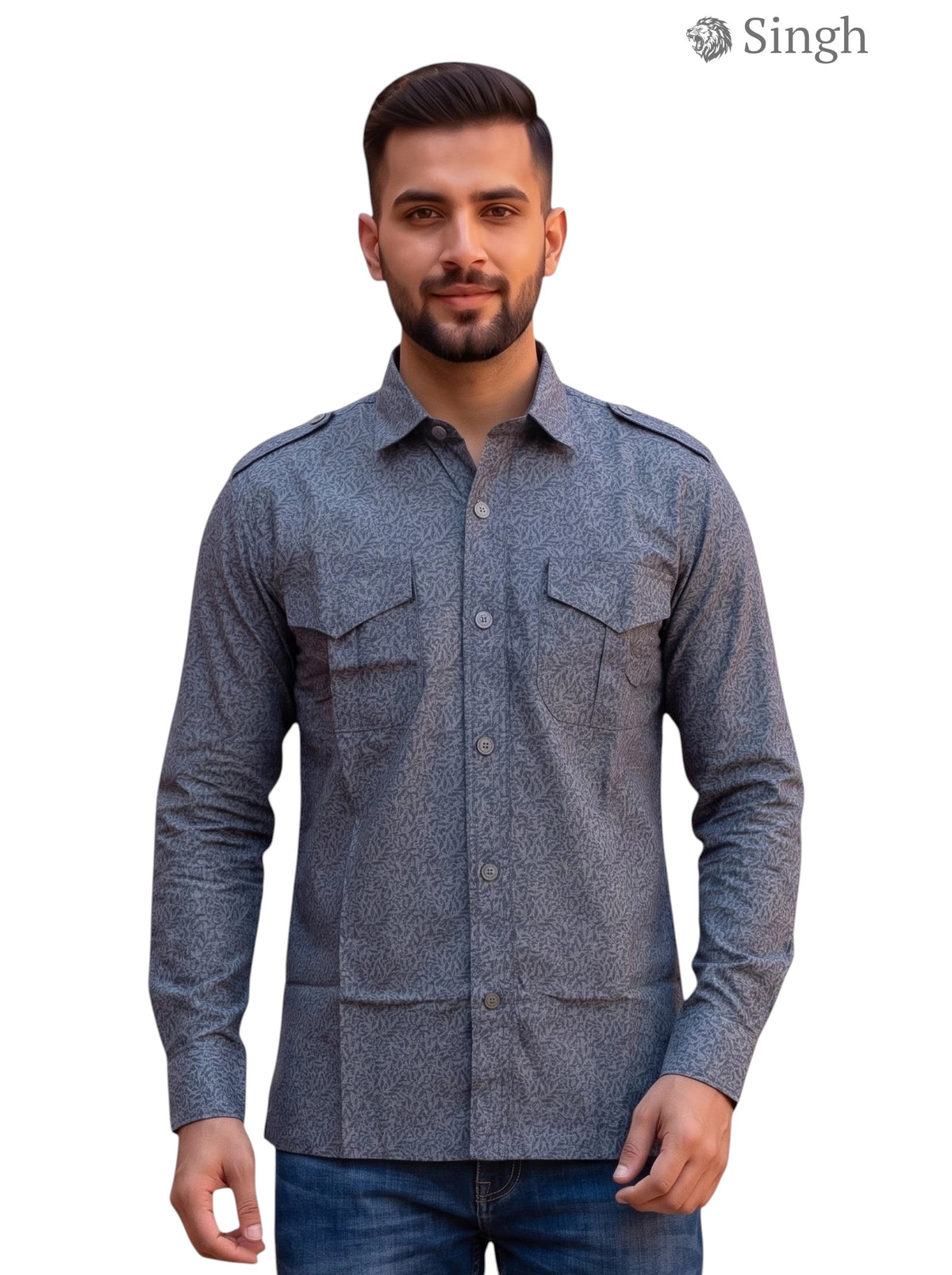 Hunting shirts-1308-157 in grey with patterned fabric, front view showcasing a stylish design