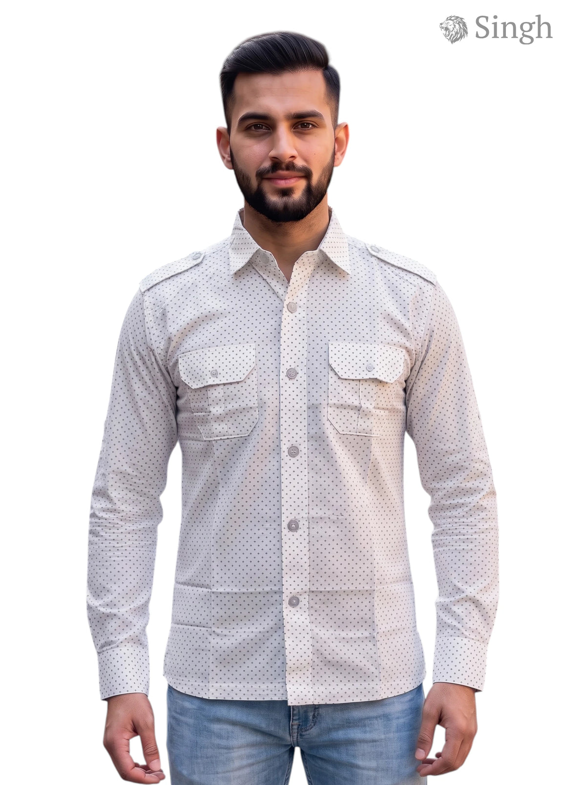 M Hunting Shirts in light beige cotton fabric, front view featuring dual chest pockets HUNTING SHIRTS-1308-161