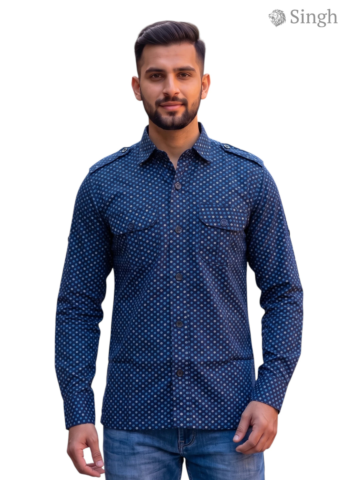 M Hunting Shirts in navy blue fabric, front view featuring stylish polka dots, HUNTING SHIRTS-1308-167