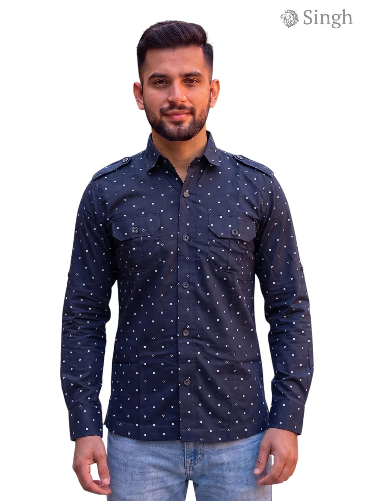 M Navy Polka Dot Cotton Hunting Shirts-1308-168 Front View