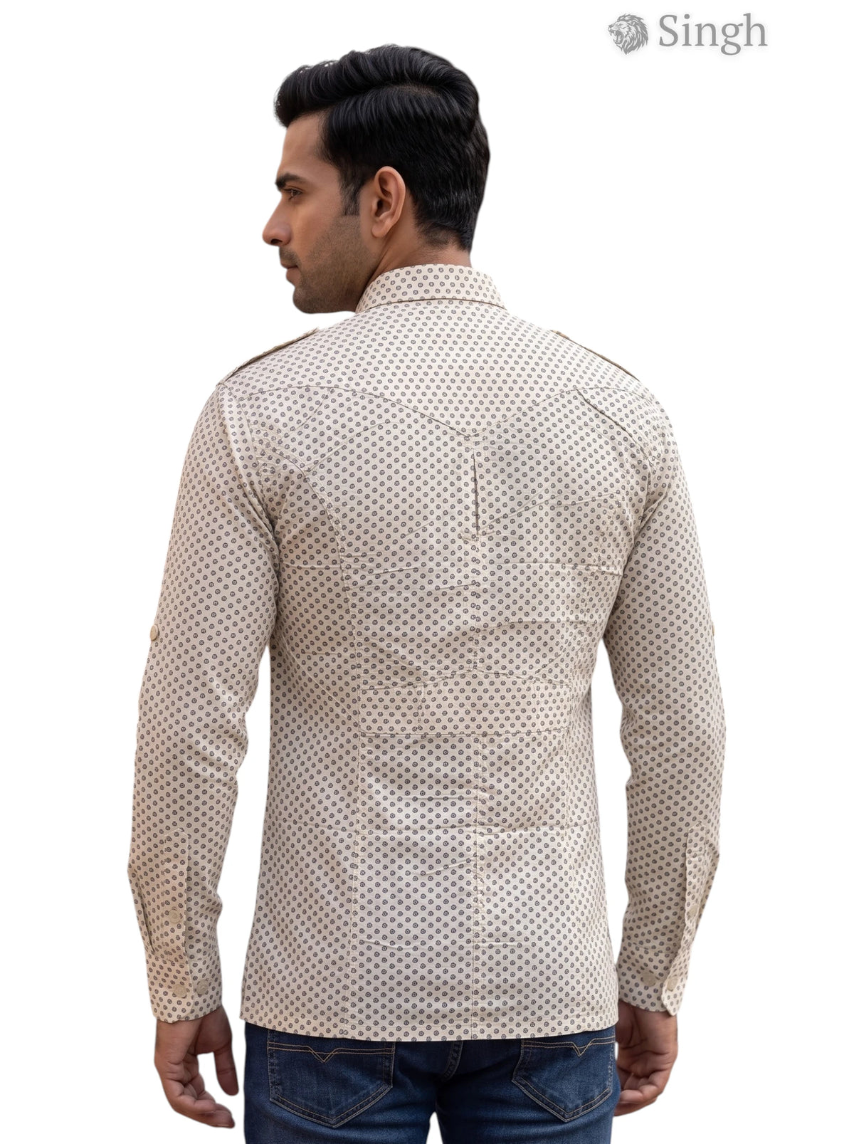 M Hunting Shirt in Beige Cotton Fabric, Back View, Style HUNTING SHIRTS-1308-185