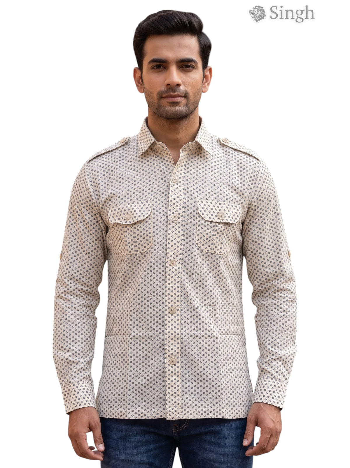 M Hunting Shirts in beige polka dot fabric displayed front view, featuring the keyword HUNTING SHIRTS-1308-185