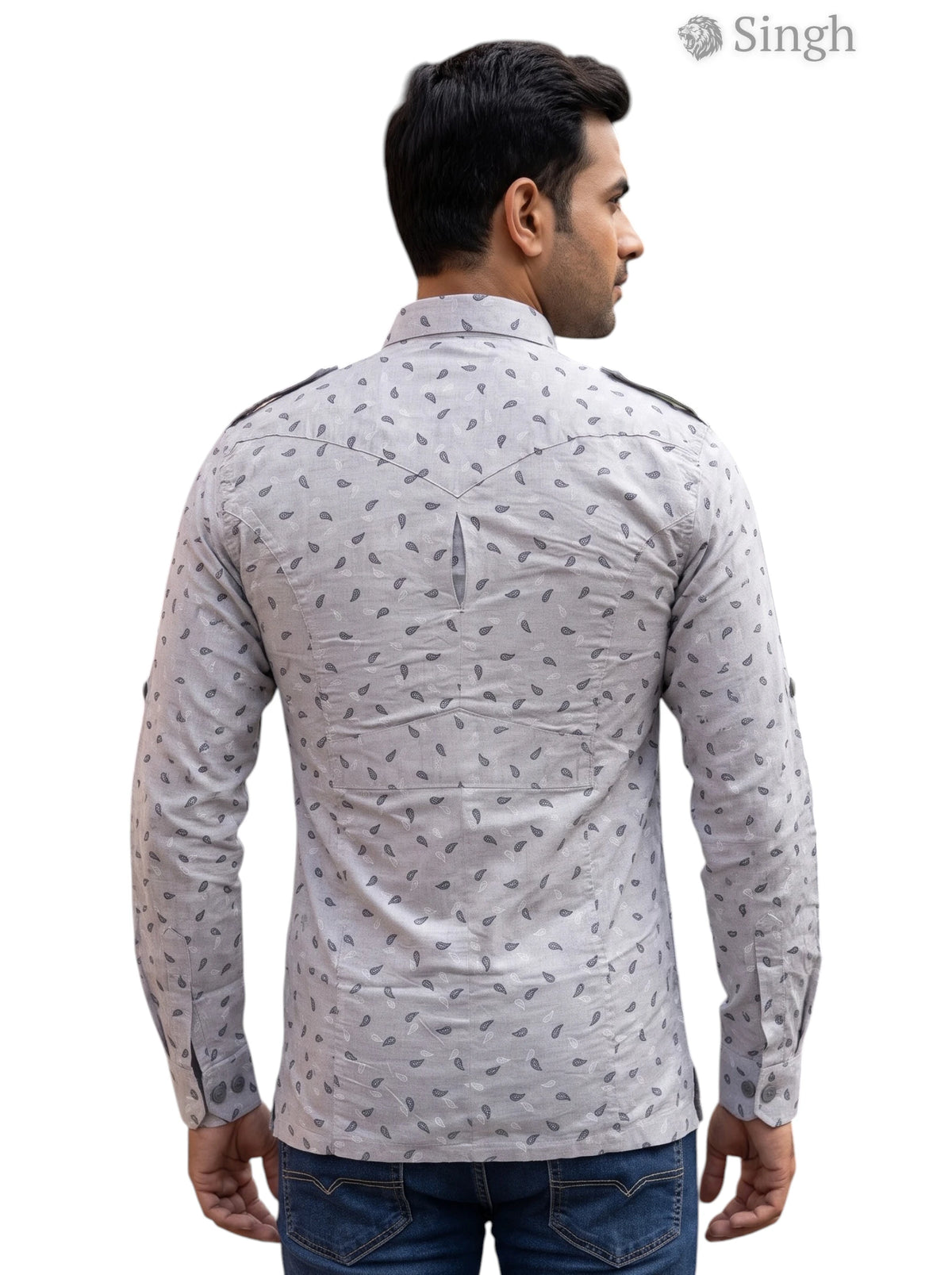M Gray Cotton Hunting Shirts-1308-186 from Singh viewed from the back with subtle leaf patterns