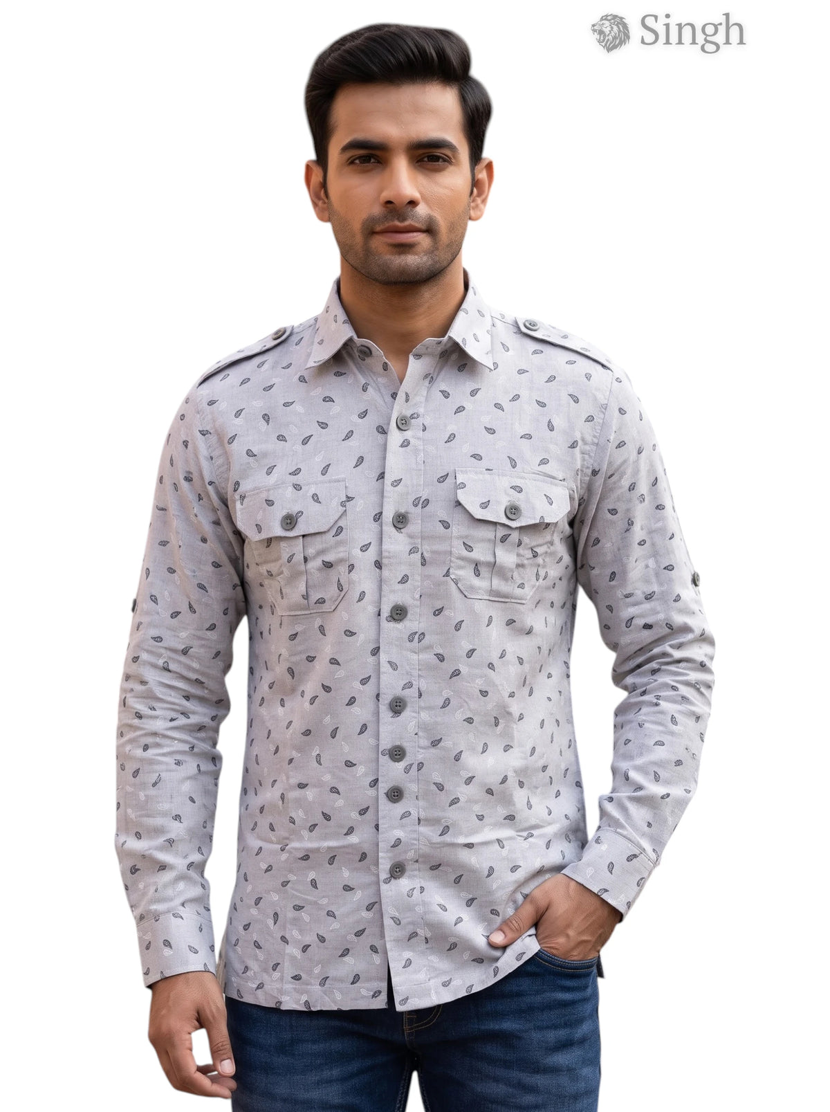 M Hunting Shirts in Gray Cotton with Leaf Pattern from the Front featuring HUNTING SHIRTS-1308-186