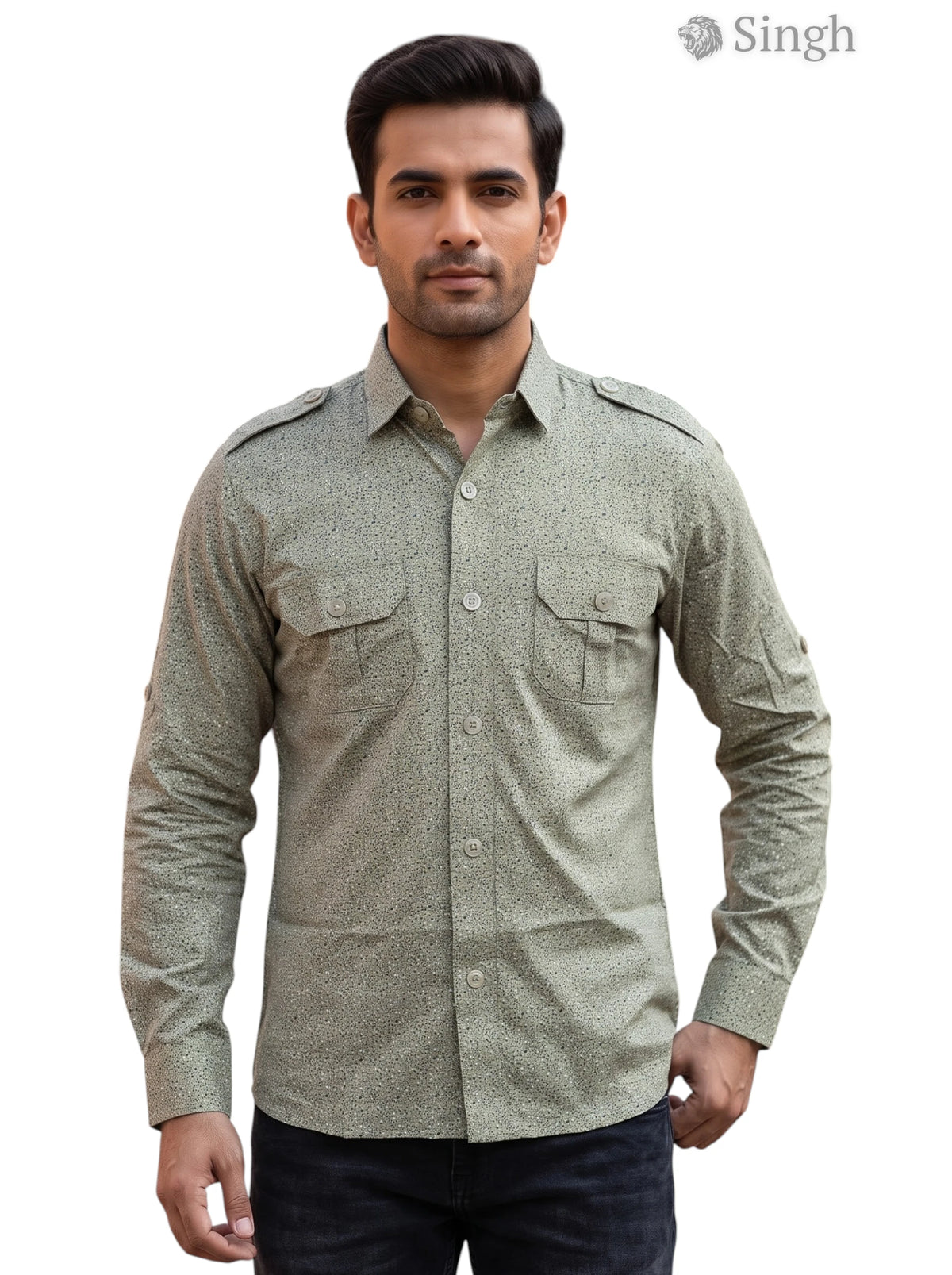 M Hunting Shirt in Olive Green Cotton with Military Style from Singh, featuring pockets and shoulder epaulets - HUNTING SHIRTS-1308-187