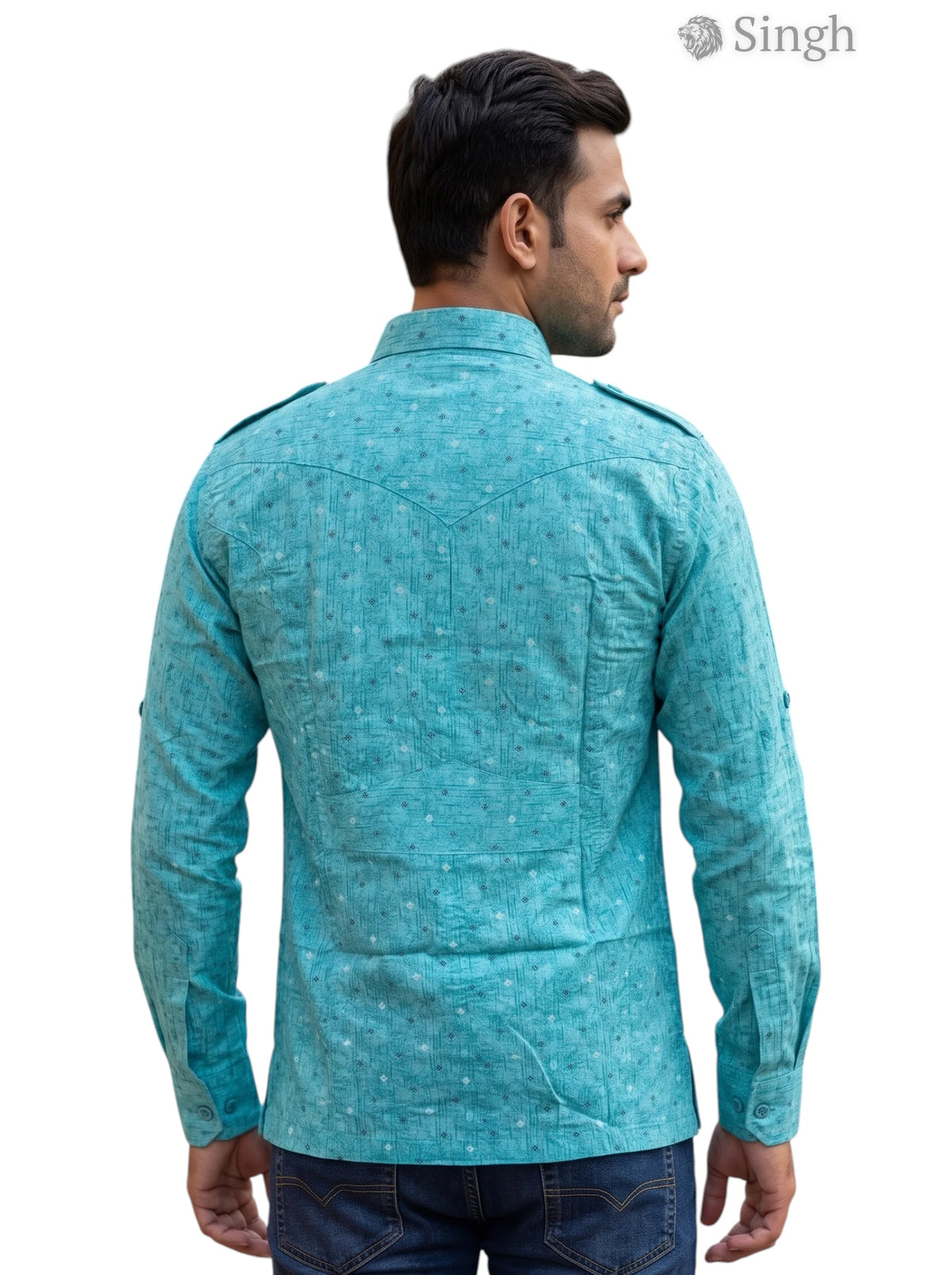 M Hunting Shirts in teal color made of fabric, shown from the back angle HUNTING SHIRTS-1308-188