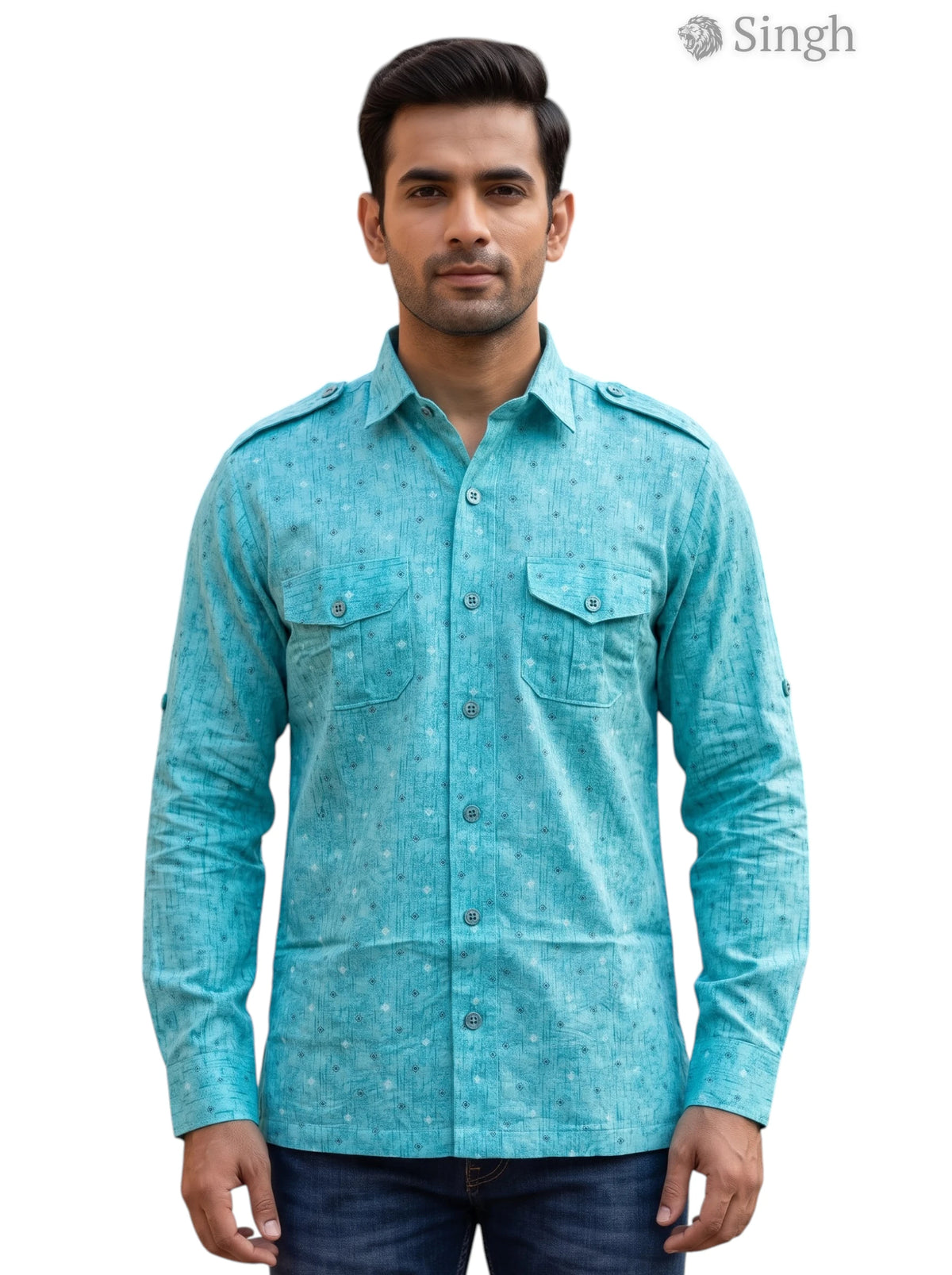 M Hunting Shirts in turquoise with lightweight fabric, front view showcasing button details - HUNTING SHIRTS-1308-188