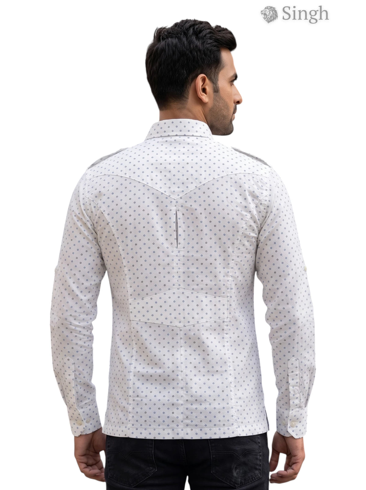 M Hunting Shirts in white with printed pattern, comfortable fabric, shown from the back, HUNTING SHIRTS-1308-199