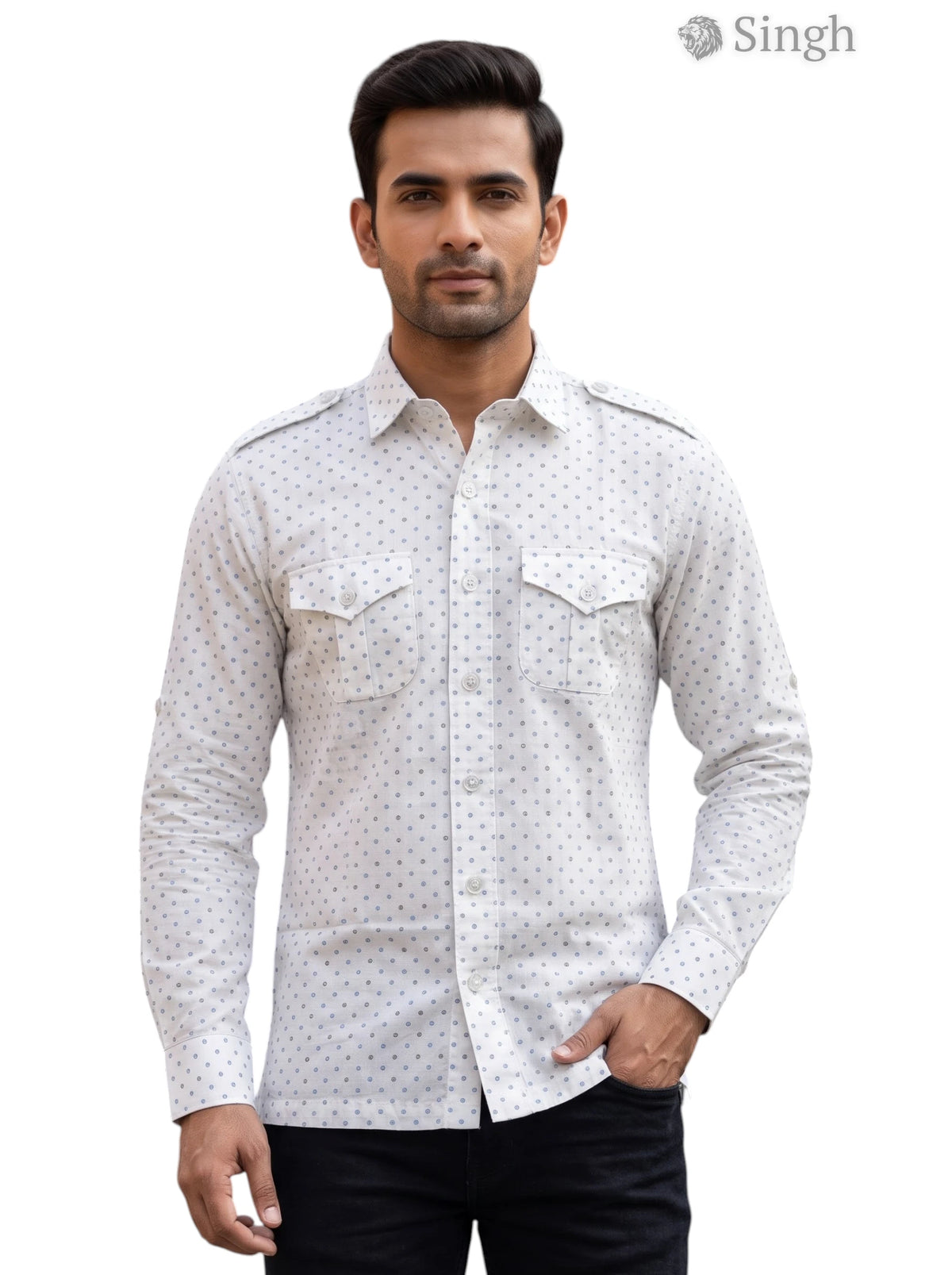 M Hunting Shirt in white with patterned fabric, front view featuring button-up design - HUNTING SHIRTS-1308-199