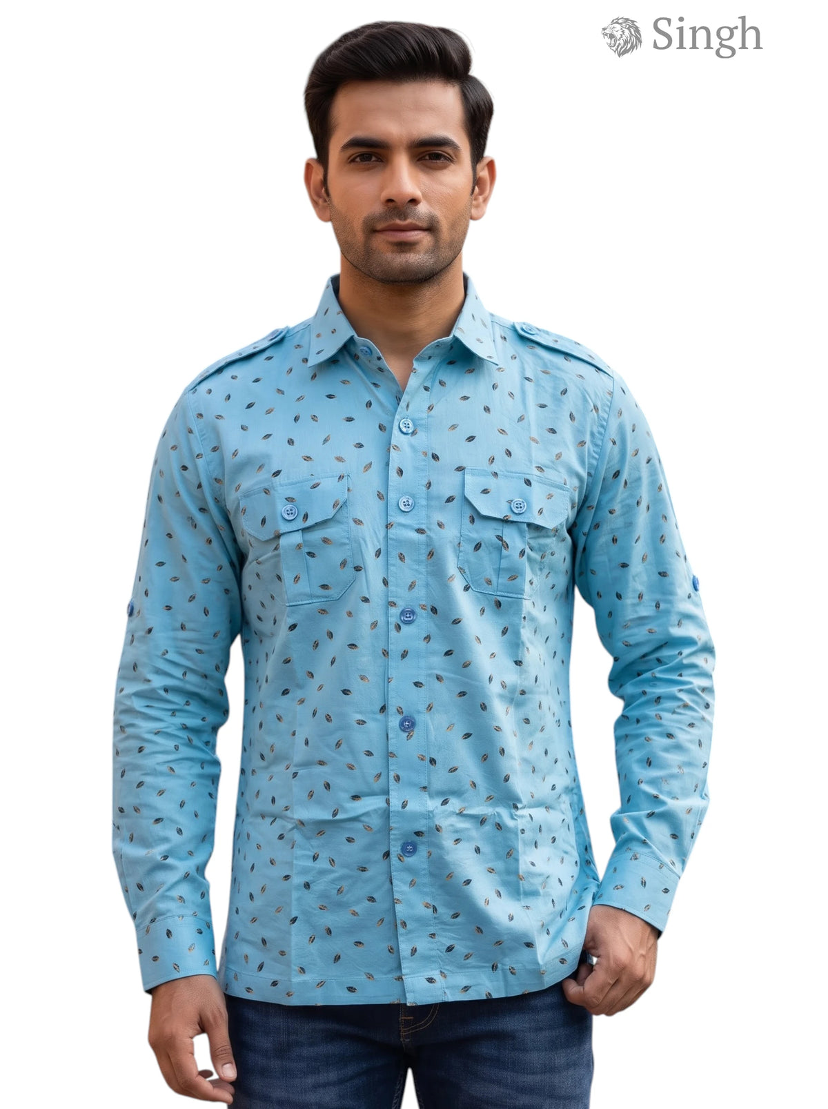 M Hunting Shirts in blue cotton fabric, front view showcasing stylish pattern, HUNTING SHIRTS-1308-200
