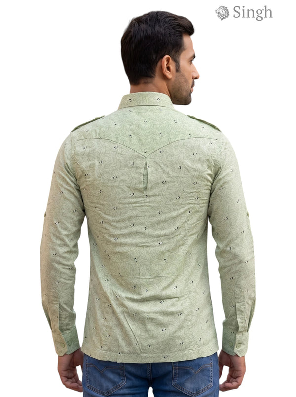 M Green Cotton Hunting Shirts-1308-201 with Stylish Back Design for Outdoor Activities