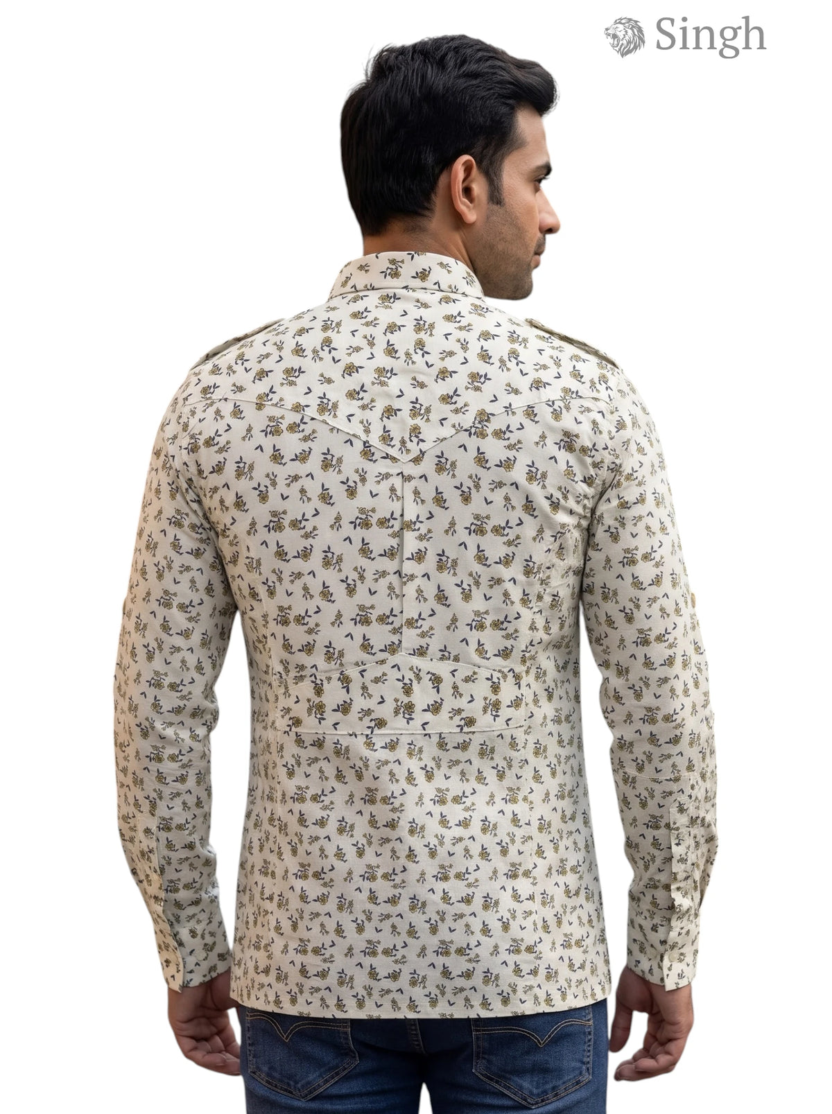 M Hunting Shirts-1308-202 in floral print beige fabric viewed from the back, ideal for outdoor activities