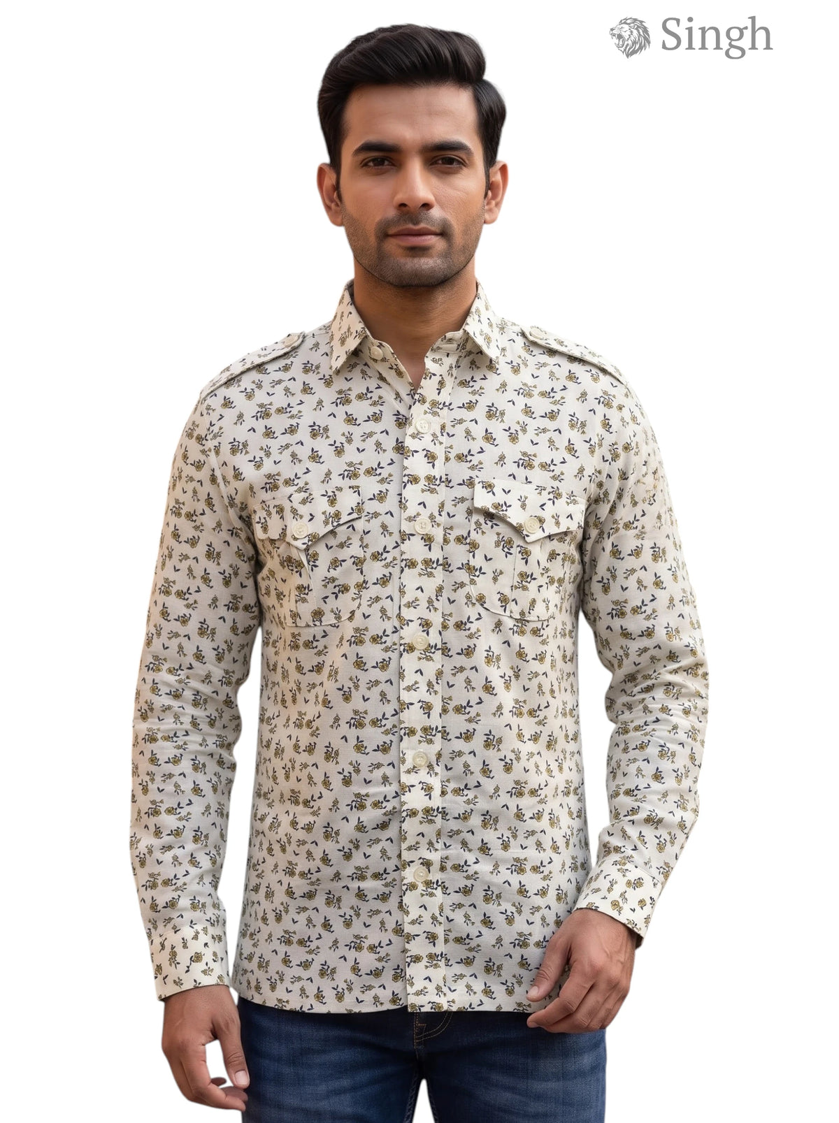 M Hunting Shirts in Beige Floral Print Cotton Front View featuring Pockets