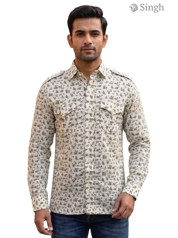 M Hunting Shirts in Beige Floral Print Cotton Front View featuring Pockets