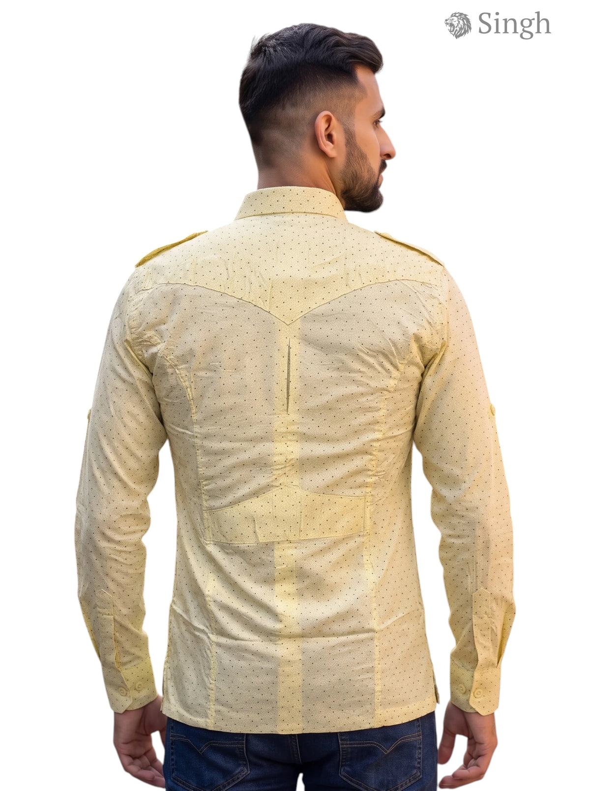 M Hunting Shirts in yellow cotton fabric with a back view showcasing the design details, HUNTING SHIRTS-1308-203