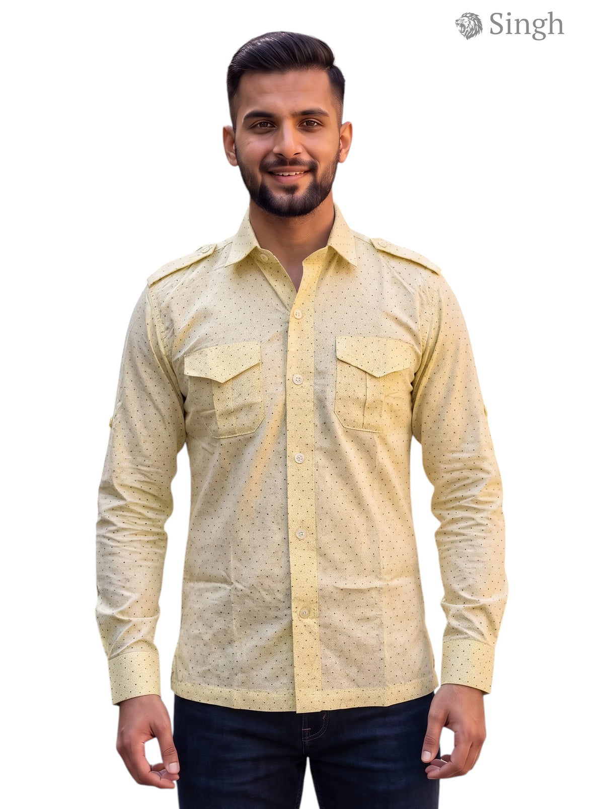 M Yellow Cotton Hunting Shirts-1308-203 with Stylish Pockets and Buttoned Front View