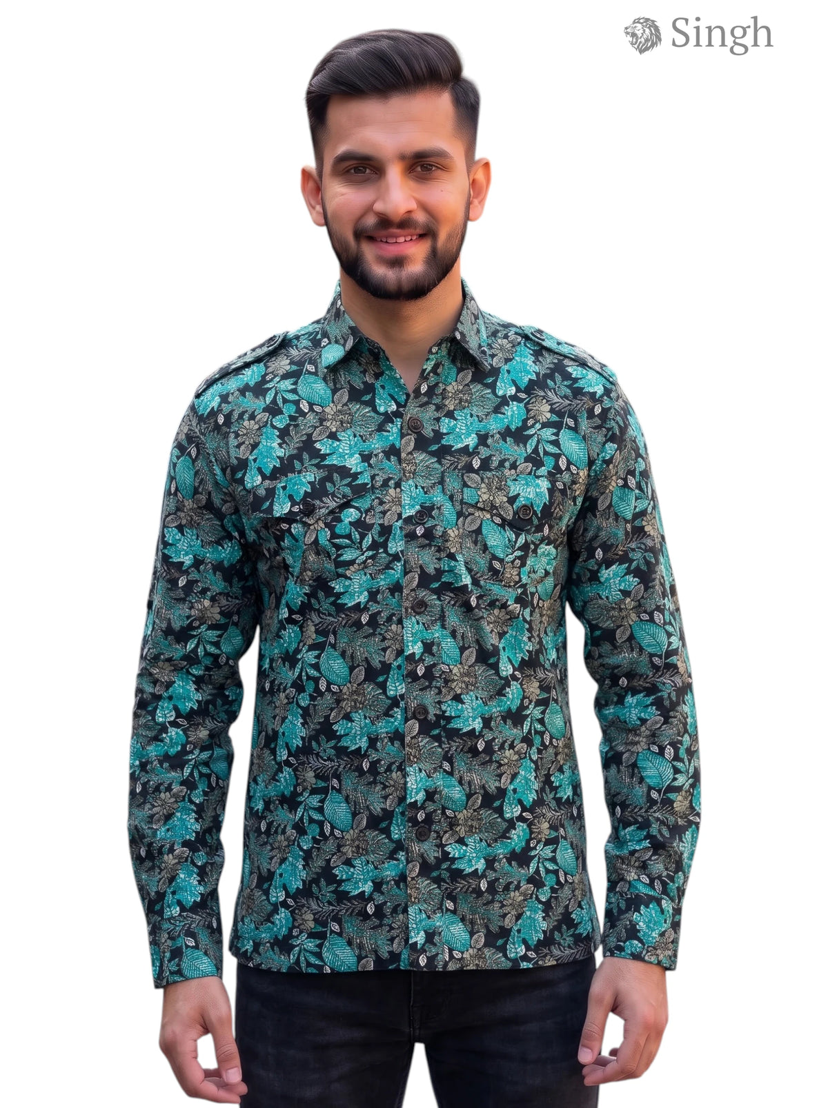 M Hunting Shirts in dark green floral fabric front view - HUNTING SHIRTS-1308-205
