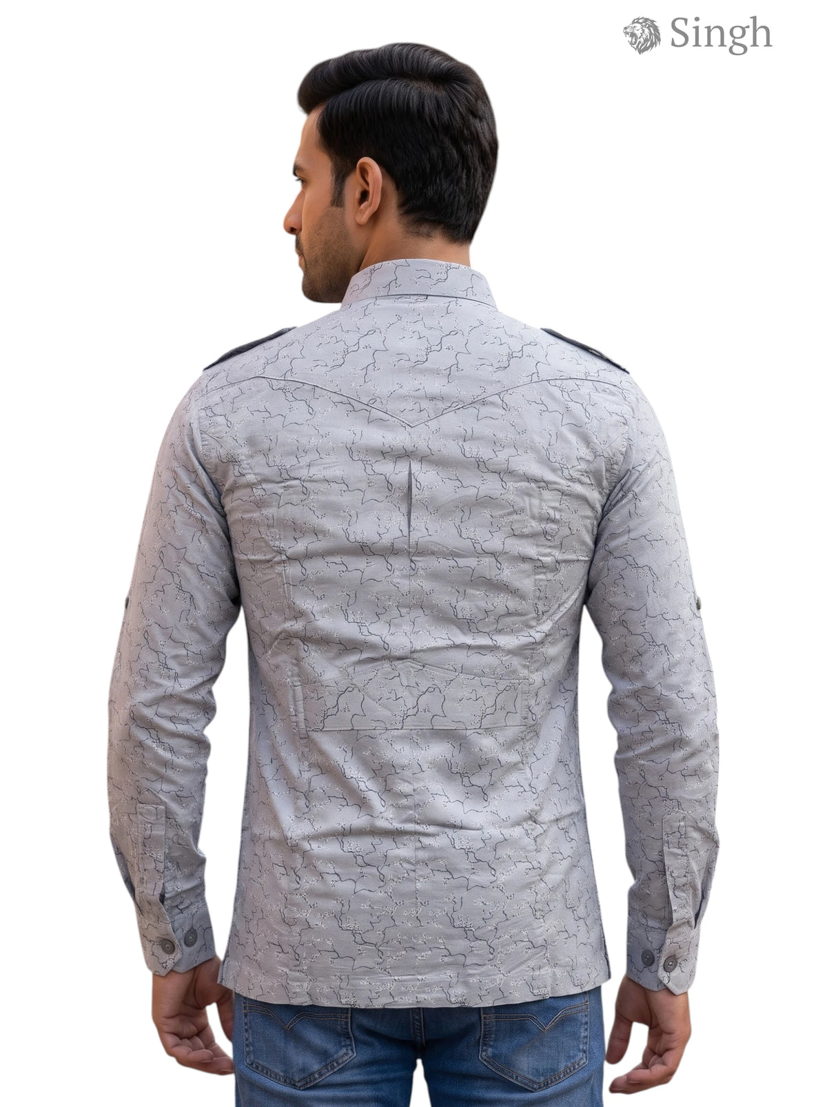 M Hunting Shirt in Grey Camouflage Fabric, Back View with Detailed Design - HUNTING SHIRTS-1308-206