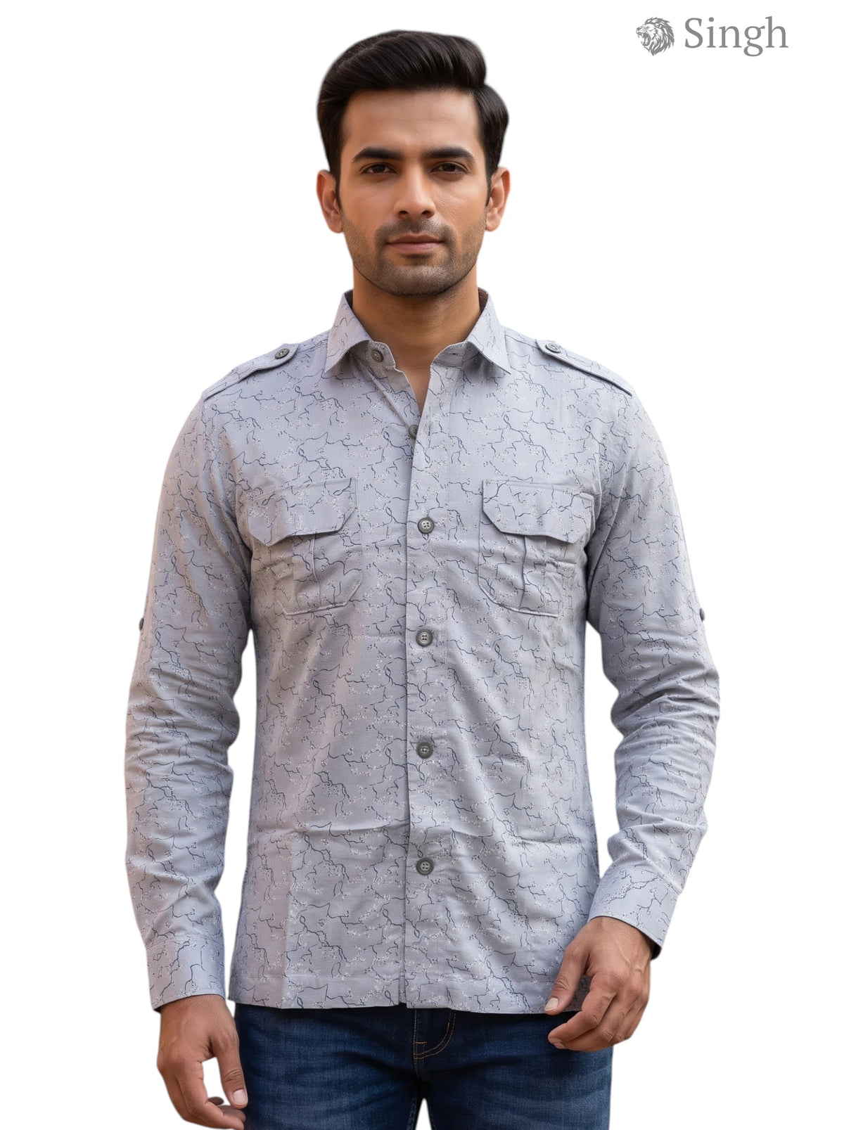 M Hunting Shirts in Grey Fabric with Patterned Design, Front View - HUNTING SHIRTS-1308-206