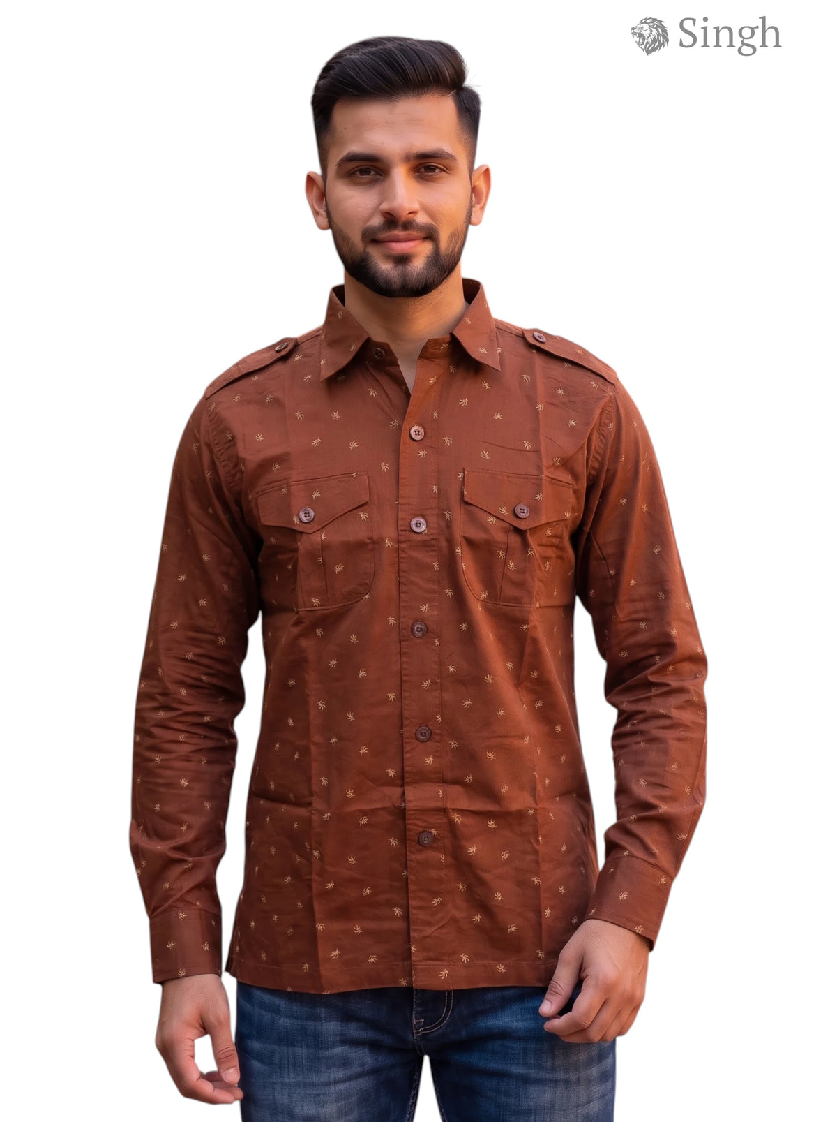 M Hunting Shirts in brown fabric with a button-up design and chest pockets, HUNTING SHIRTS-1308-207