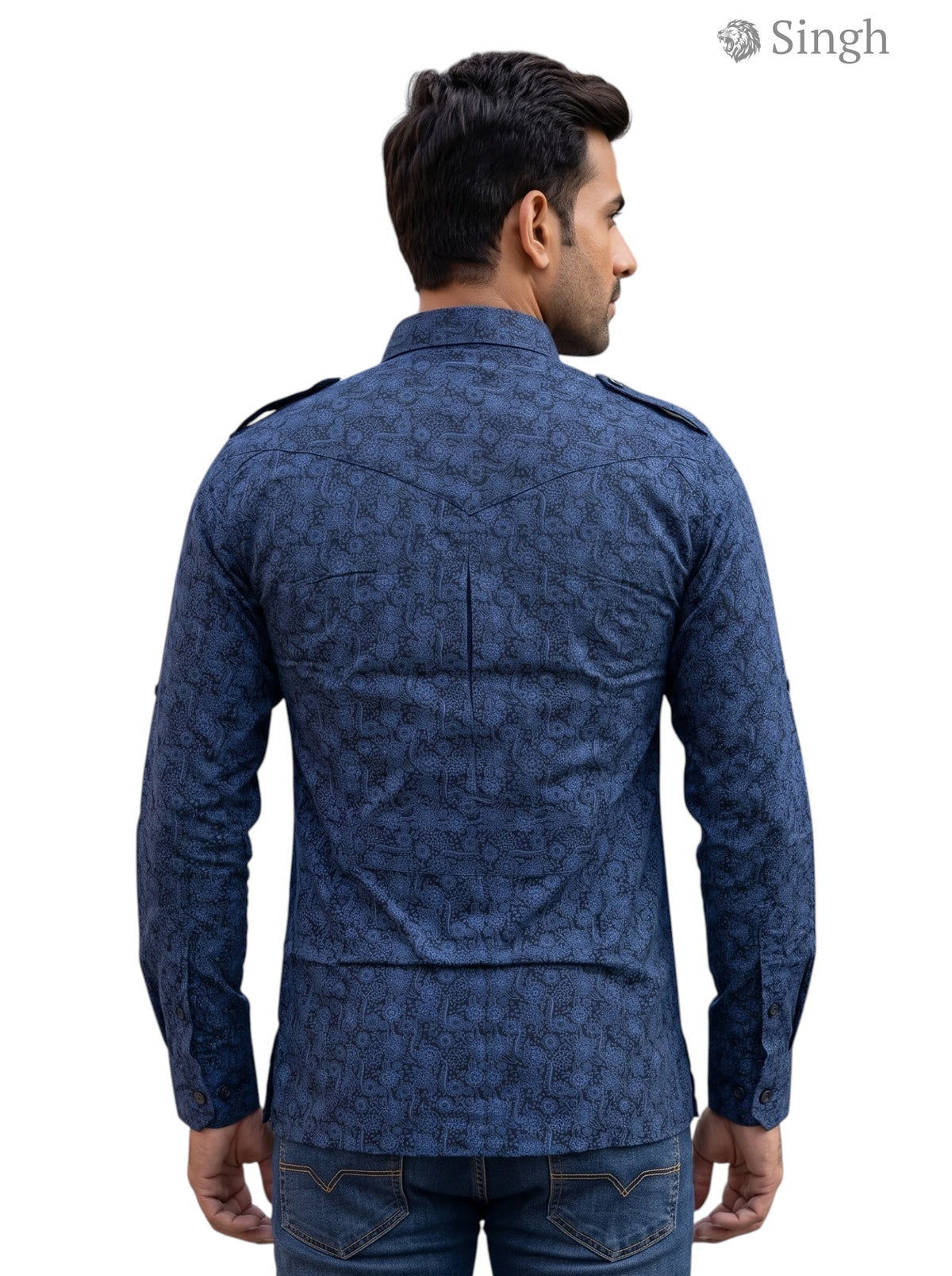 M Hunting Shirts in Blue Fabric, Back View with Detailed Pattern - HUNTING SHIRTS-1308-208