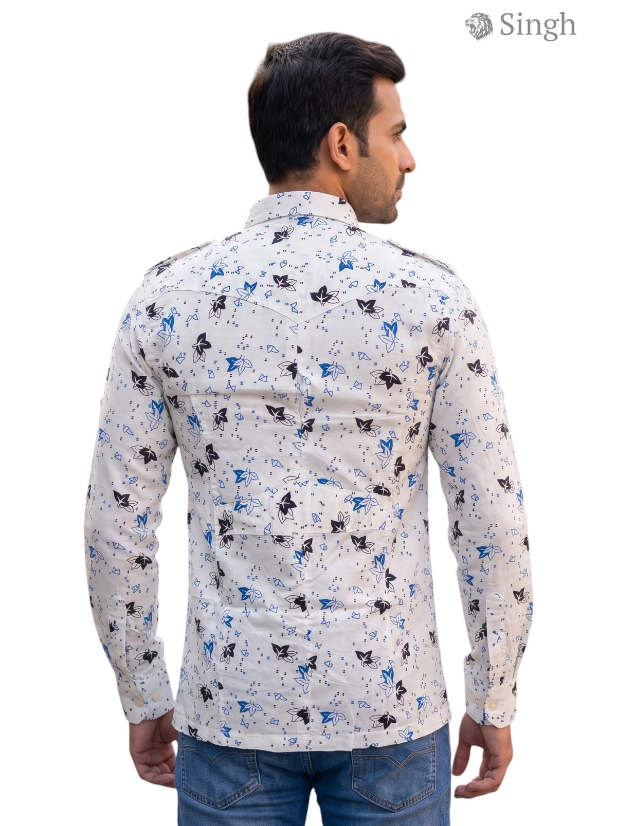 M Hunting Shirts in white with butterfly print, cotton fabric, back view - HUNTING SHIRTS-1308-209