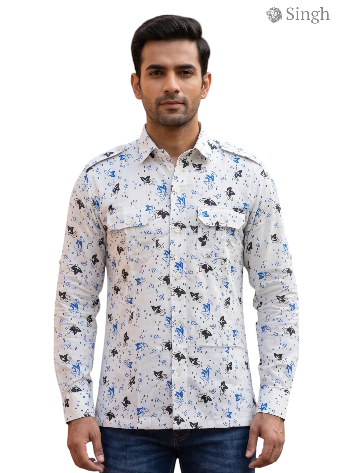 Men's hunting shirts in light gray cotton with a floral pattern, front view - HUNTING SHIRTS-1308-209