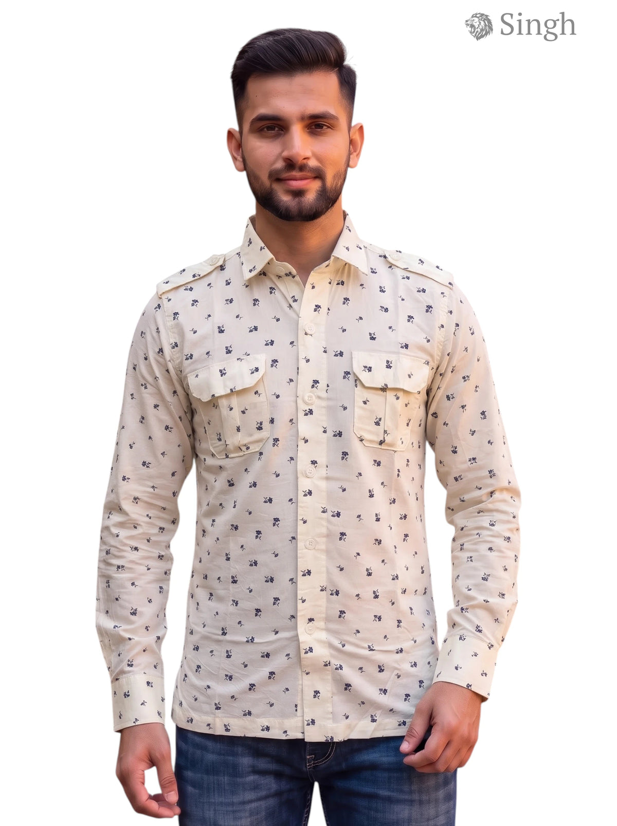 M Hunting Shirts in cream cotton fabric with front pockets, featuring HUNTING SHIRTS-1308-210