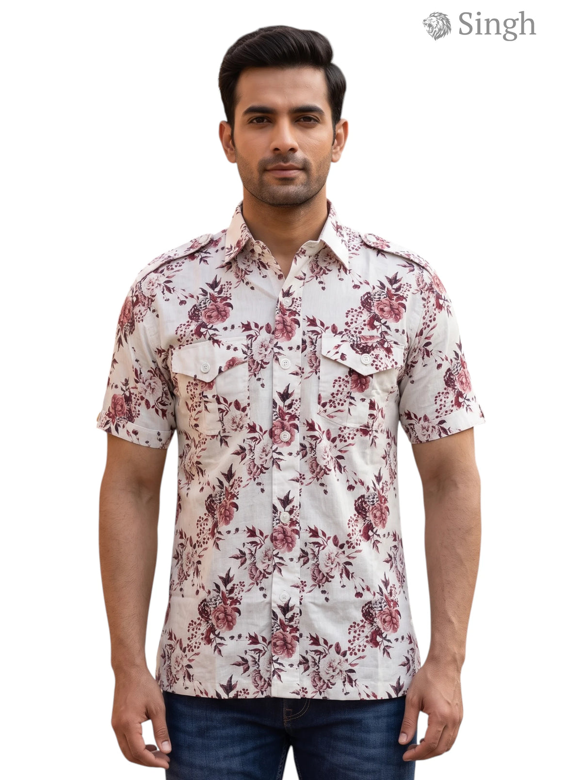 M Hunting Shirts in White Floral Print Fabric Front View HUNTING SHIRTS-1308-214