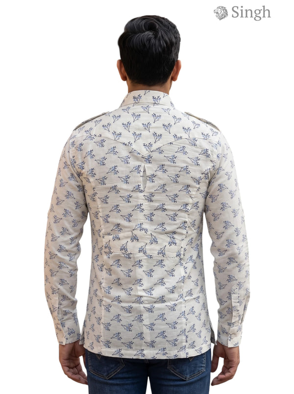 M Hunting Shirts in light cream cotton, back view with floral pattern, HUNTING SHIRTS-1308-217