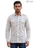 M Hunting Shirts in light beige floral pattern with cotton fabric, front view displaying pockets, HUNTING SHIRTS-1308-217