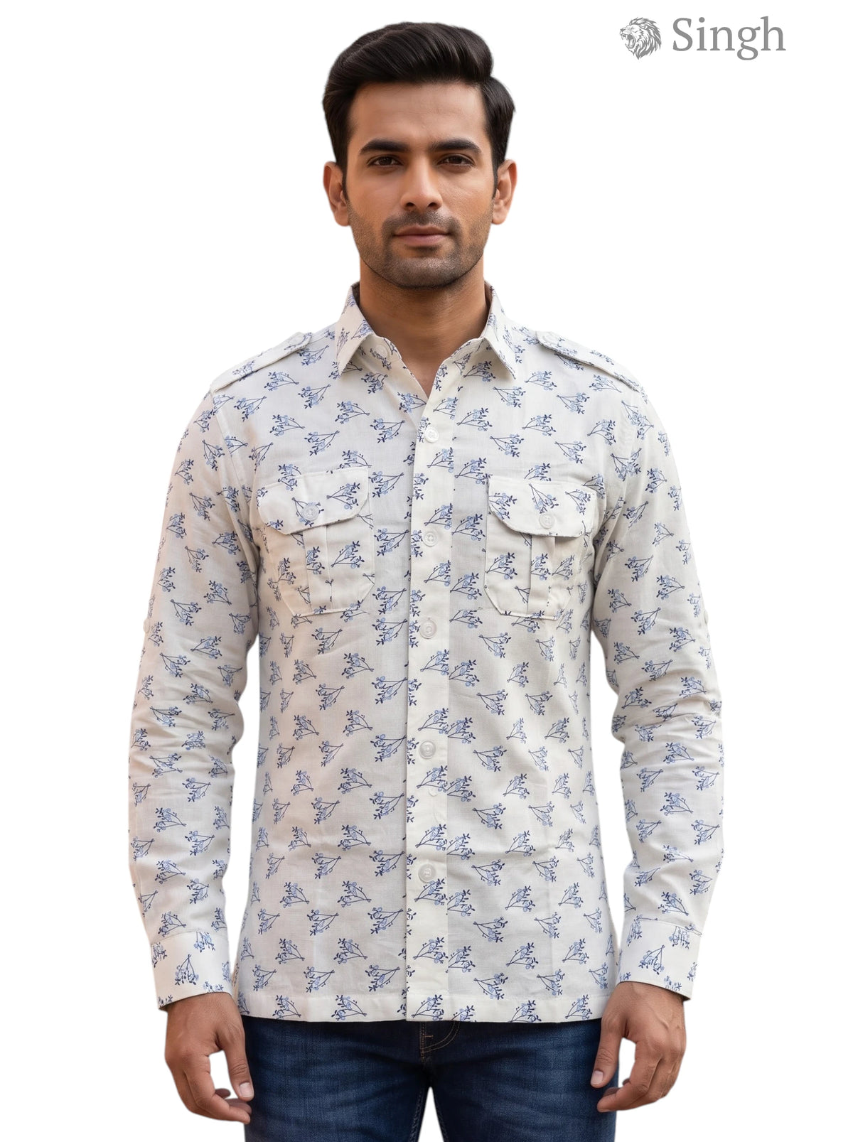 M Hunting Shirts in light beige floral pattern with cotton fabric, front view displaying pockets, HUNTING SHIRTS-1308-217