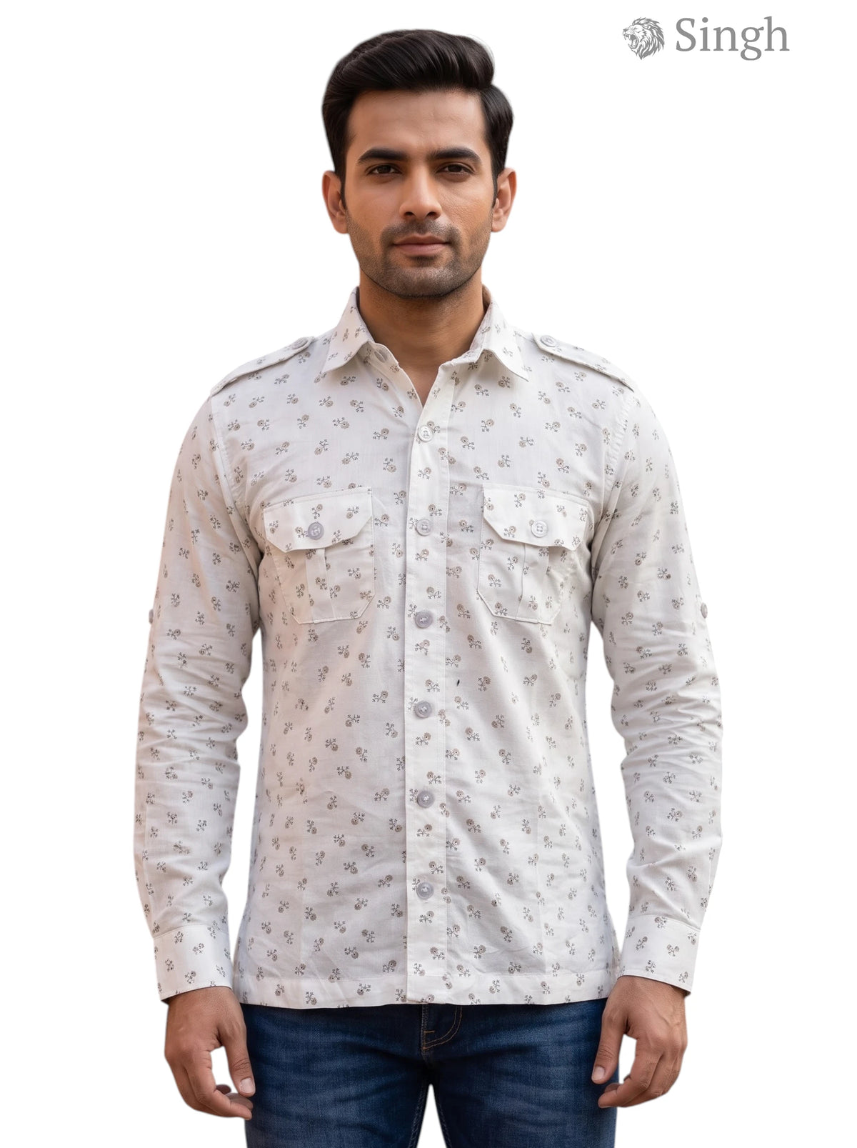 M Hunting Shirts in Beige Cotton with Floral Print, Front View - HUNTING SHIRTS-1308-219