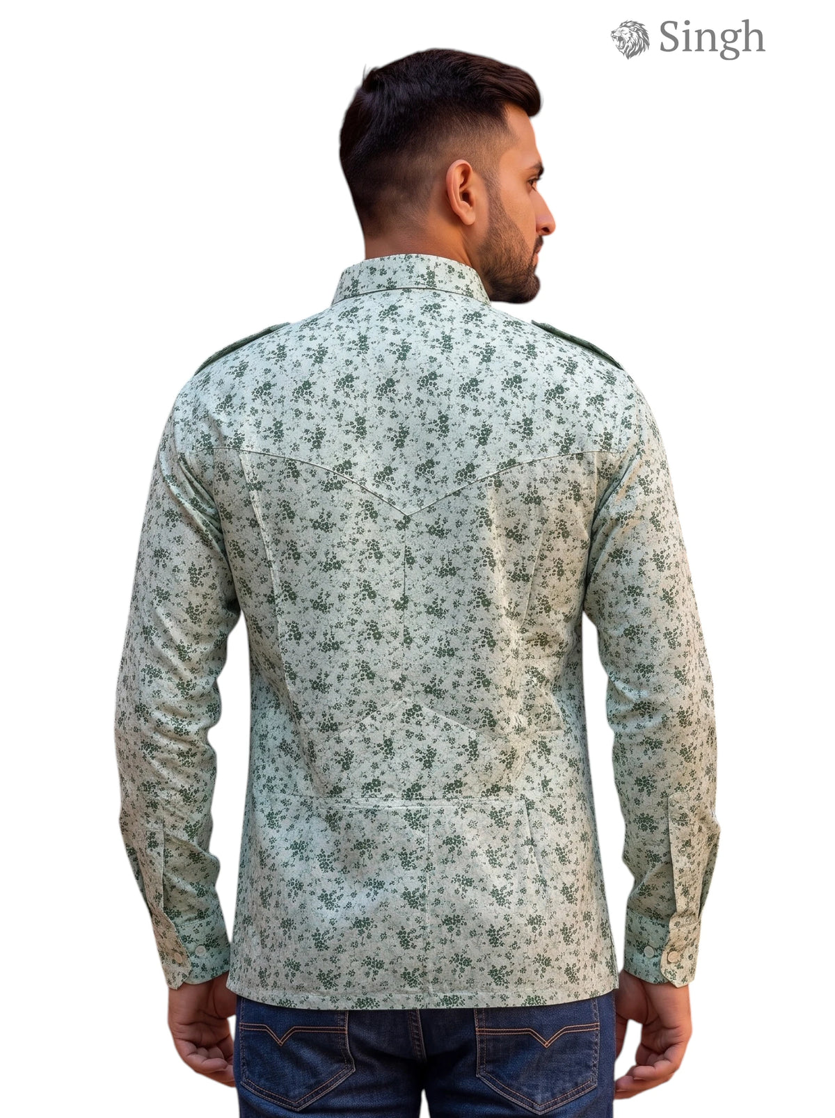 M Hunting Shirt in Green Floral Fabric, Back View with Detailed Design - HUNTING SHIRTS-1308-255