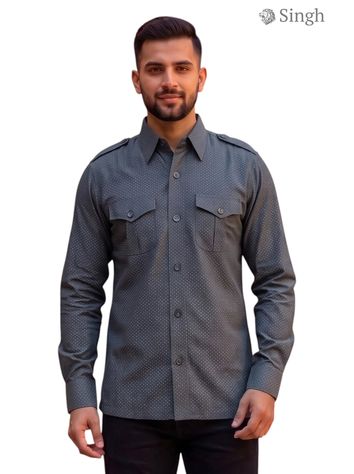 M Hunting Shirt in Grey Polkadot Fabric, Front View, featuring model wearing HUNTING SHIRTS-1308-257