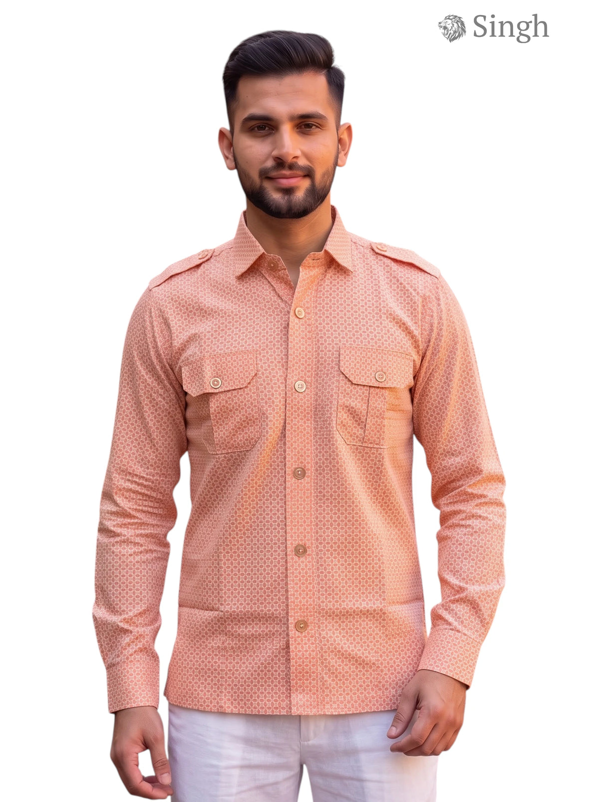 M Hunting Shirts in orange cotton fabric, front view featuring pockets, HUNTING SHIRTS-1308-258