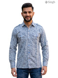 M Hunting Shirts in blue floral print fabric, front view featuring button-up design, HUNTING SHIRTS-1308-259
