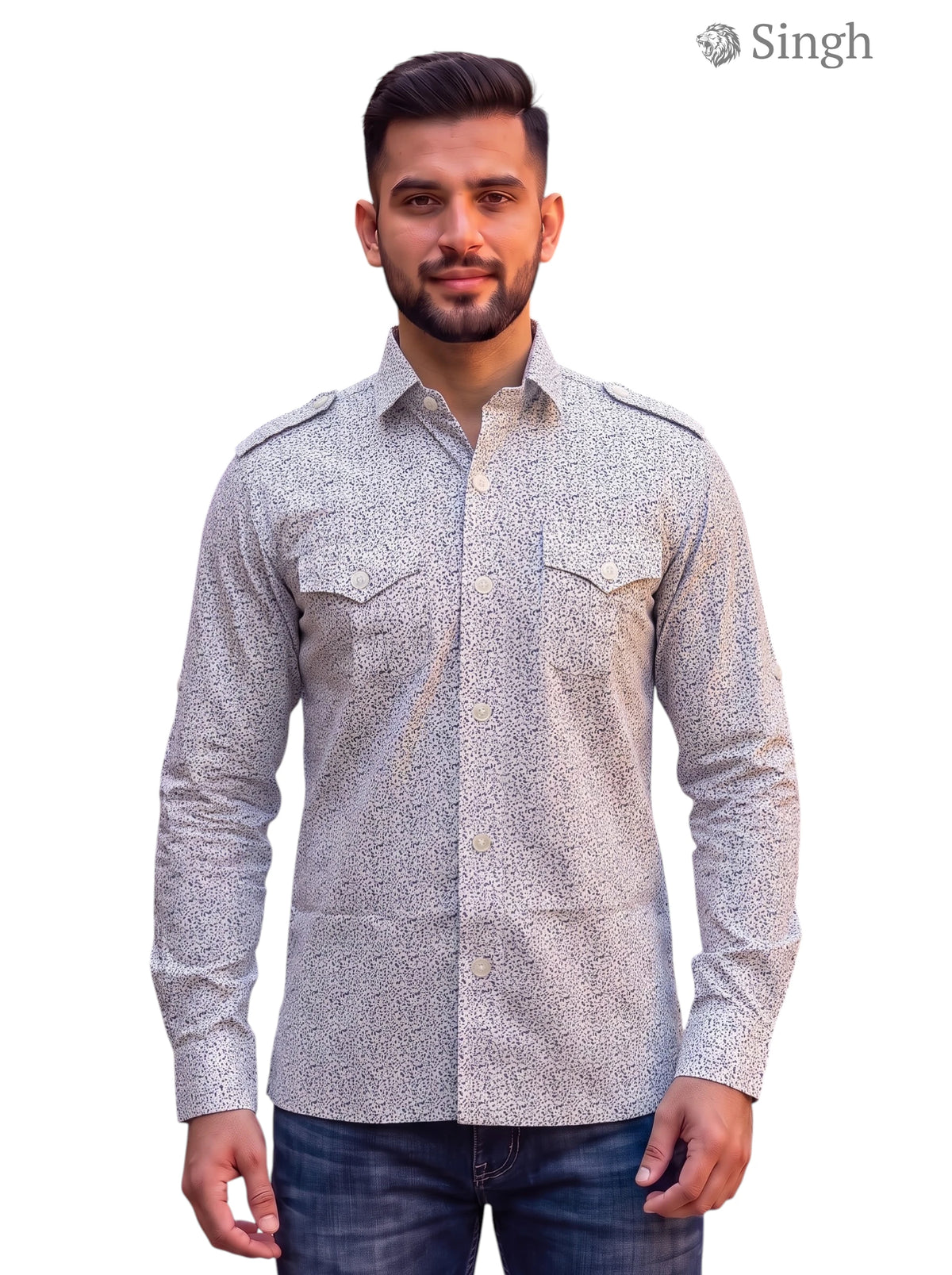 M Hunting Shirts in Grey Cotton Front View featuring Two Chest Pockets - HUNTING SHIRTS-1308-260