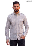 M Hunting Shirt in light grey fabric with a textured pattern, featuring pockets and a button-up style, HUNTING SHIRTS-1308-261
