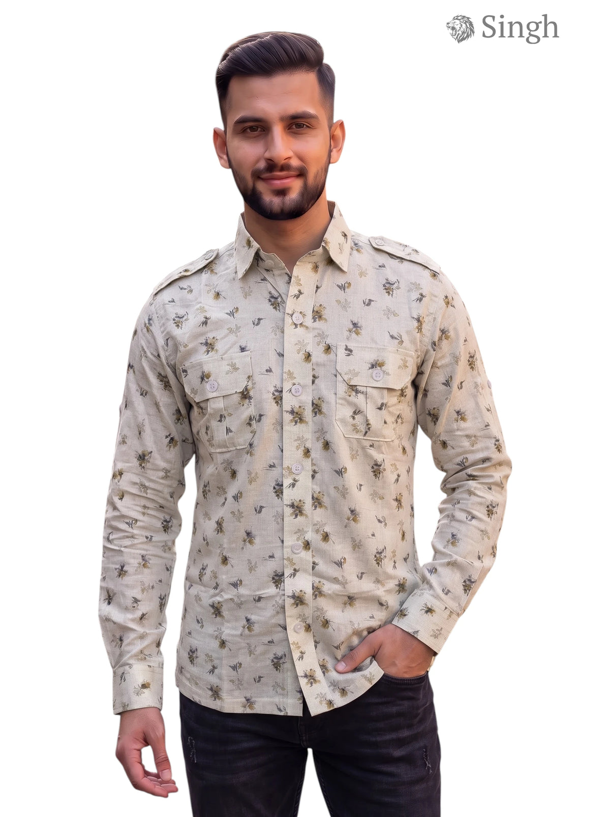 M Hunting Shirts in Khaki Floral Cotton from the Front featuring keyword HUNTING SHIRTS-1308-263