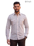 M Hunting Shirt in beige cotton with patterned design, showcasing front view; HUNTING SHIRTS-1308-264