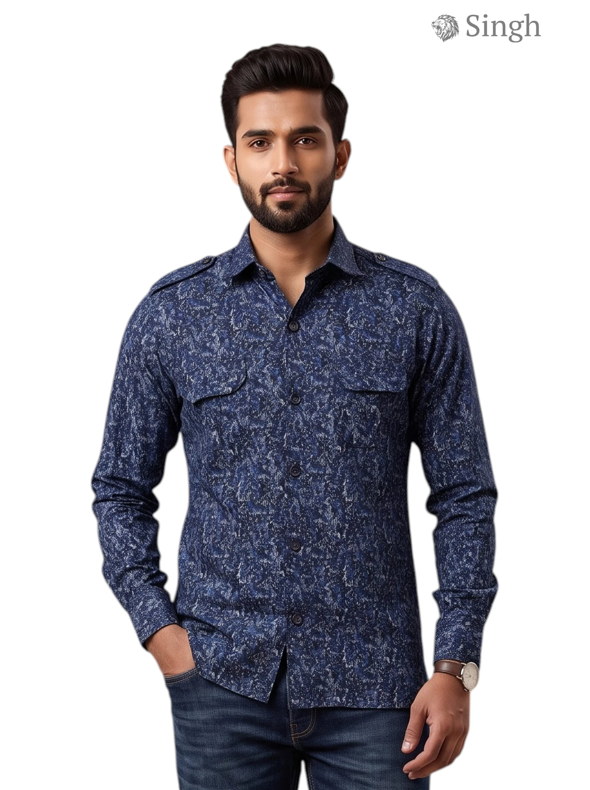 M Hunting Shirts in navy blue fabric with a patterned design, featuring a front button closure and long sleeves - HUNTING SHIRTS-1308-265